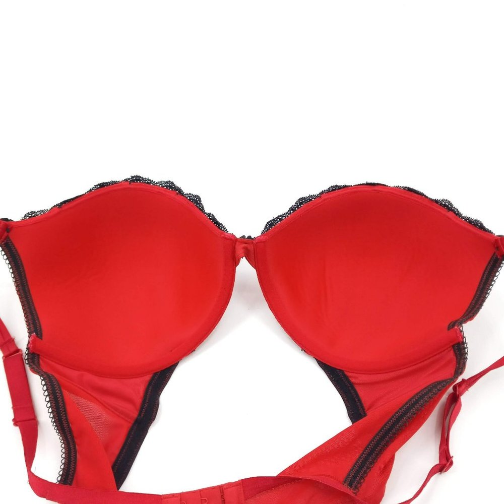 Cacique Red & Black Floral Embossed Lace Trim Bra Padded Underwire Sexy 40DD - Picture 3 of 12